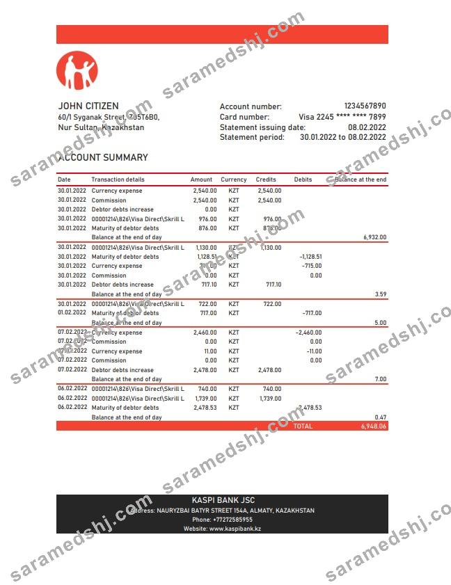 Kazakhstan Kaspi Bank statement xls